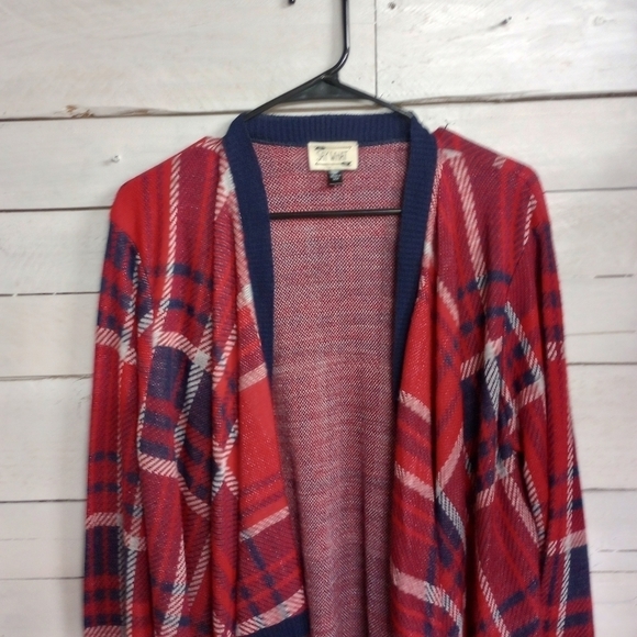 Say What 2X Cardigan Red Blue Plaid Contrast Trim Open Front Long Sleeve Stretch - Picture 6 of 11
